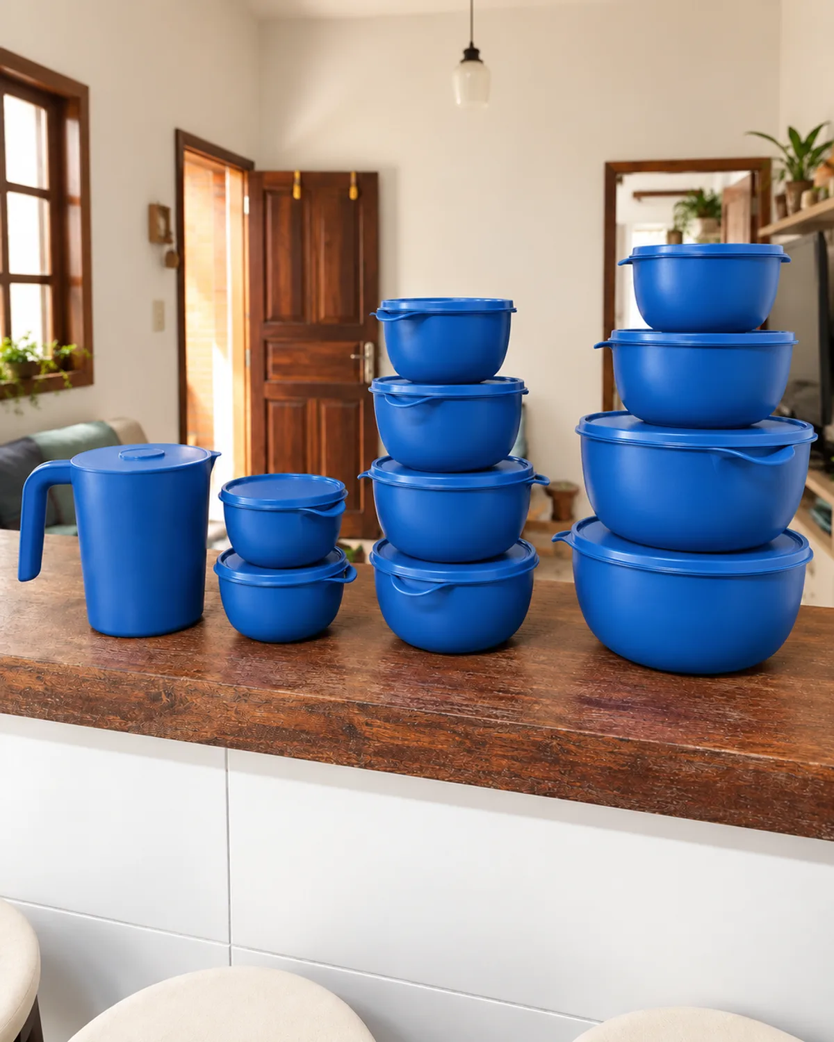Kit Terrus com 10 potes empilháveis e tampa + jarra de 1,8L — cor Azul